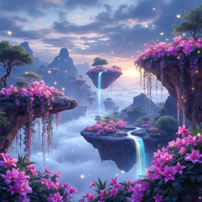 The primary subject of the image is a beautifully illustrated scene featuring a group of islands with waterfalls and flowers. The setting is a fantasy world with a cloudy sky, and the visual style is a combination of photo and digital art. The colors and mood of the image are vibrant and lively, with the dominant colors being pink and purple. The overall atmosphere is one of wonder and enchantment.